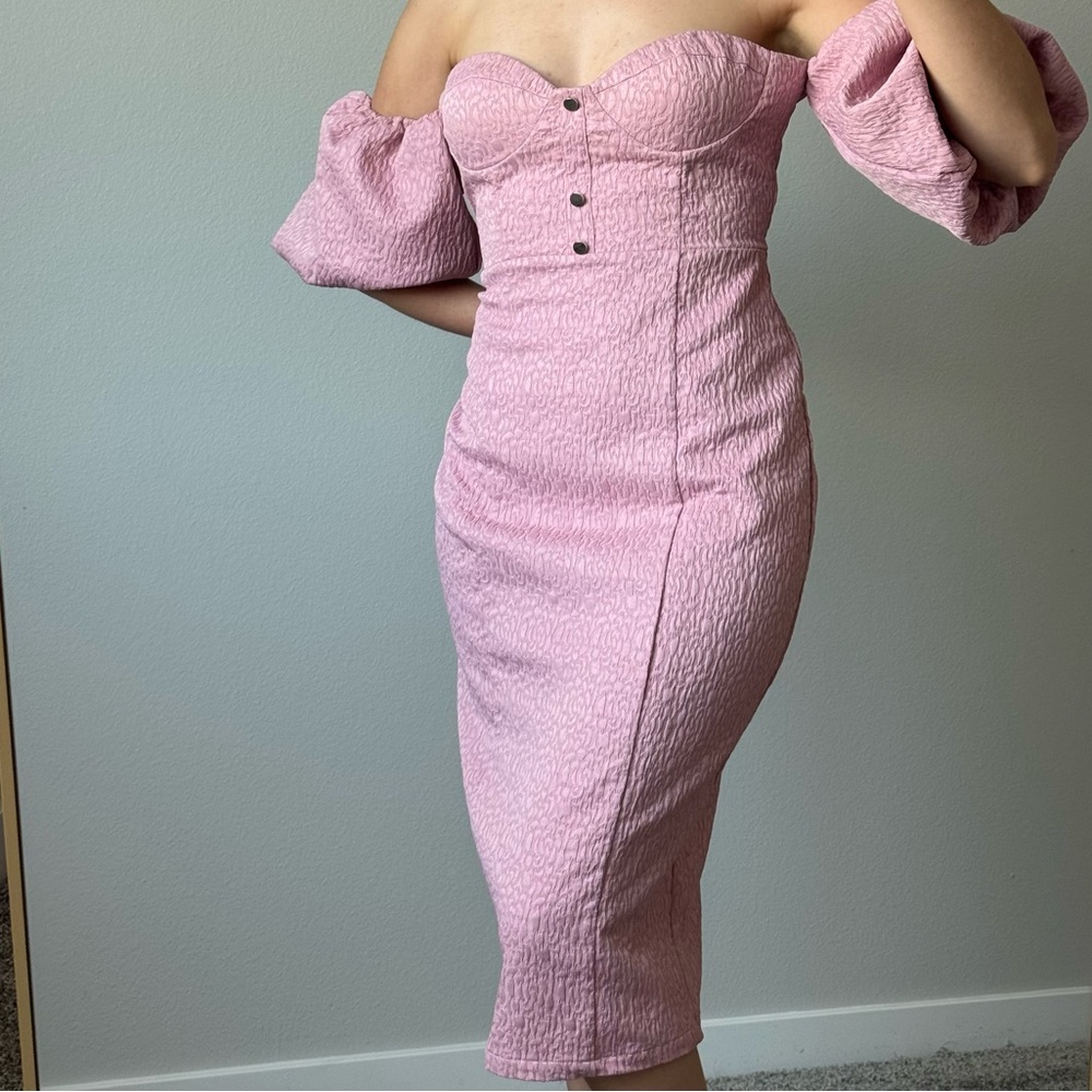Rare London Pink Off Shoulder Midi Dress Puff Sleeve Corset Wedding Guest Sz 8